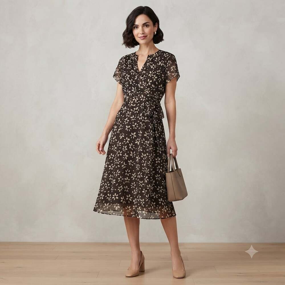 Talbots Petites Pure Silk Black and Cream Floral Print Faux Wrap Midi Dress - Picture 1 of 11
